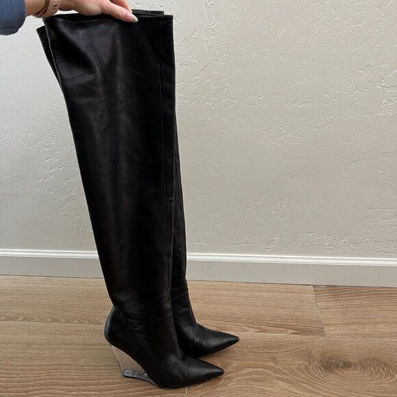 Stuart Weitzman Black Leather Lucite Wedge Over the Knee Boots - Picture 8 of 15